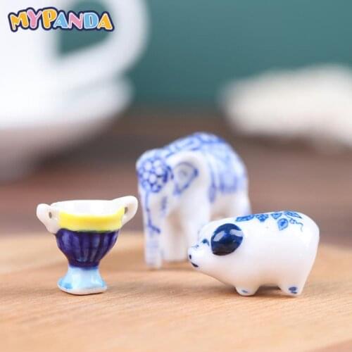 3pcs 1/12 Scale Dollhouse Miniature Accessories Mini Porcelain Wine Cup + Piggy Bank Model Toys