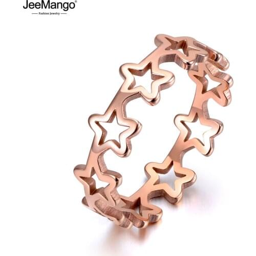JeeMango Trendy Titanium Stainless Steel Hollow Stars Rings For Women Office Rose Gold Gypsophila Charm Ring Jewelry JR19131