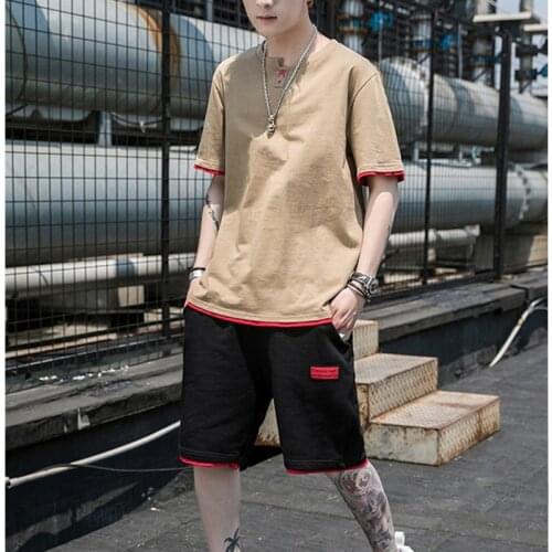 2021 summer new mens casual short suit fashion popular Korean version loose hedging cotton T-shirt five-point pants 2-piece set