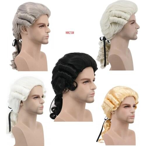 Grey White Black Lawyer Judge Baroque Curly Male Costume Wigs Deluxe Historical Long Synthetic Cosplay Wig For Halloween