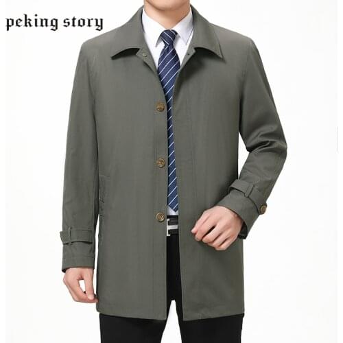 Mu Yuan Yang Single Breasted Male Trench Jackets Turn-down Collar Casual Mens Jackets Middle-aged Solid Trench Zipper Coats