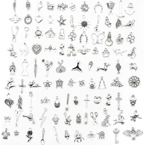 100pcs Tibetan Silver Mixed Animal Leaf Key Crown Charms Alloy Metal Pendants For DIY Handmade Jewelry Accessaries Making