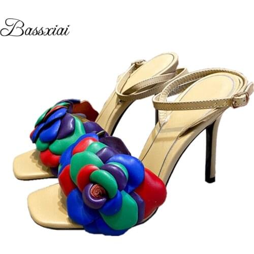 Real Leather Handmade Flower Sandals For Girls Women Stiletto Heel Ankle Strap Open Toe Summer Sandalias De Mujer