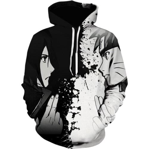 Anime Black White Patchwork Men Hoodie Hooded Funny Sweatshirt Fashion Japanese Streetwear Long Sleeve Winter Jacket