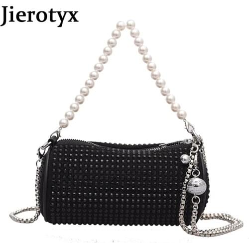JIEROTYX 2021 Spring News Women Shoulder Bags Beaded Pearl Chains Bridal Clutch Gothic Black Siliver Fashion Messenger Bags