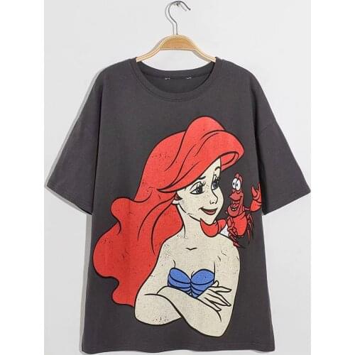 Disney Cartoon Princess Shirts for Women Print Round Neck Short-sleeved Women Fashion Clothing Graphic T-Shirts Harajuku Kawaii