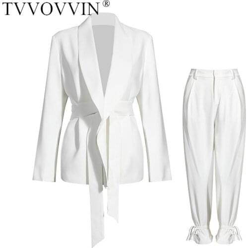 TVVOVVIN Blazer Women Set Women Pants Bandage White Blazer Coats High Waist Wide Leg Pants Vintage 2 Piece Set Women 2020 2IER