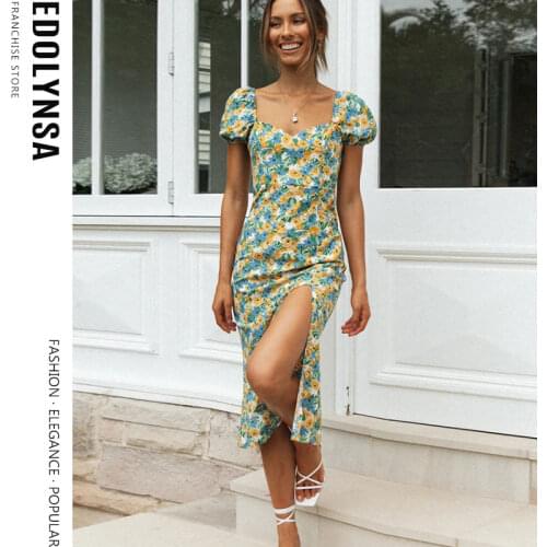 Vintage Print Slim Dress Puff Sleeve Irregular Dress Sexy French Romantic Dress Women High Split Bodycon Dress Vestidos Y105