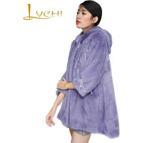LVCHI Winter 2019 Causal Import Office Lady Real Mink Fur Coat Womens With Fur Hood Nine Quarter Coat Sequins Medium Mink Coats