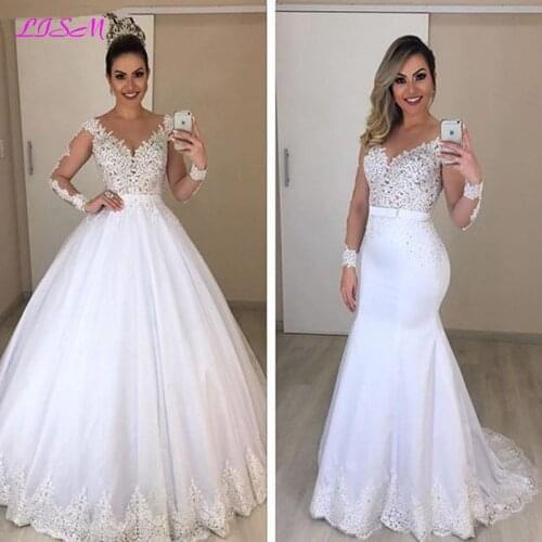 Vestido De Novia Lace 2 In 1 Mermaid Wedding Dresses Long Sleeves Detachable Train Puffy Tulle Appliques Wedding Bridal Gowns