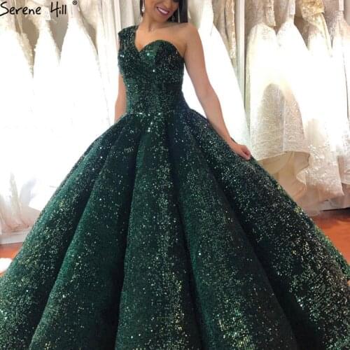 Serene Hill Latest 2020 Green Luxury One Shoulder Wedding Dress Sequins Fashion High-end Vintage Bridal Gown CHM66567