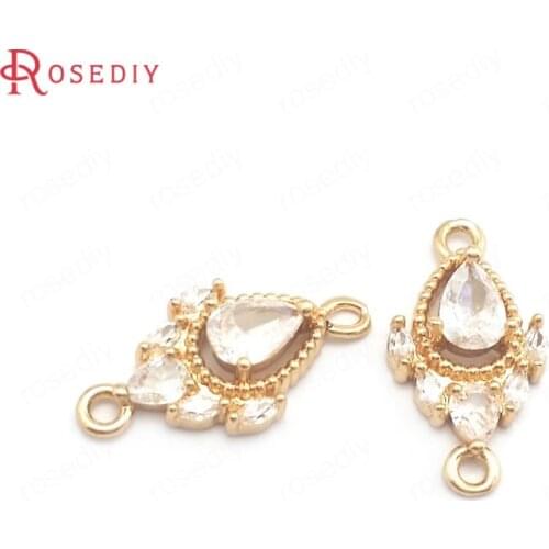 39990)10PCS 10x19MM 24K Champagne Gold Color Brass and Zircon 2 Holes Drop Shape Connect Charm Pendants Jewelry Making Supplies