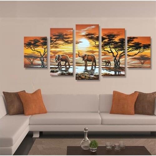 African Paintings Canvas Elephants Art 5 Panel Canvas Wall Art Artwork Handmade African Landscape Oil Paintings Decor Pictures
