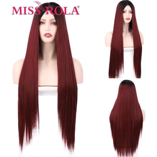 MISS ROLA Burgundy Long Straight Synthetic Wig Heat-Resistant Fiber Natural Middle Part Hairline Women Wear Daily