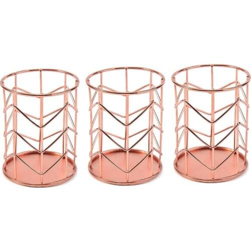 Rose Gold Pen Holder Set of 3,Metal Rose Gold Pencil Holder for Dorm & Office,Desk Organizer Makeup Brush Cup