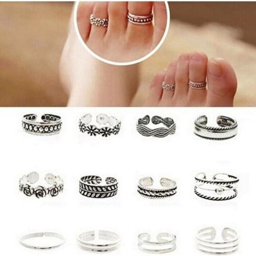 12pcs Summer Beach Vacation Knuckle Foot Ring Retro Carvedopen Toe Rings Set For Women Girls Finger Ring Adjustable Jewelry