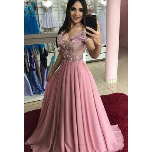 2020 Capped V Neck Lace Off Shoulder Evening Dresses with Beaded Long Ruched Chiffon Bride Party Prom Gowns
