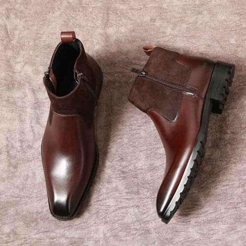 2020 Autumn Winter Genuine Leather Zip Boots Dark Brown Black Ankle Shoes Male Cowboy Boots Chaussure Homme Luxury Short Tops 45