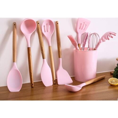 11pcs Silicone Cooking Utensils Set ,Pink Solid Wood Handle With Storage Box, Kitchenware Kit Kitchen Tools Accessories