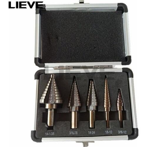 5pcs/Set imperial standard HSS COBALT MULTIPLE HOLE 50 Sizes STEP DRILL BIT SET With Aluminum Case Arrival High Quality