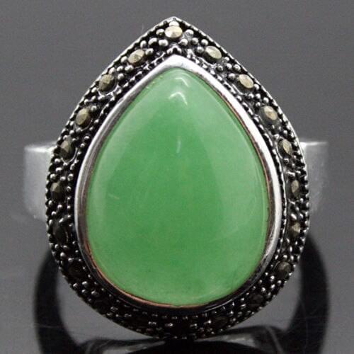 WHOLESALE NEW RARE HUGE DROP GREEN NATURAL JADE MARCASITE 925 STERLING SILVER RING SIZE 7/8/9/10 925