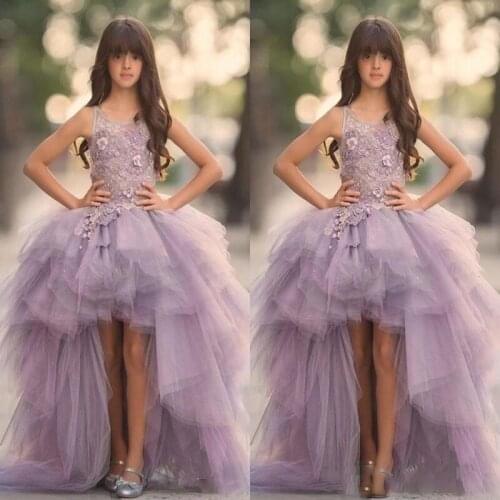 Lavender High Low Girls Pageant Gowns Lace Applique Sleeveless Flower Girl Dresses For Wedding Purple Tulle Puffy Kids Communion
