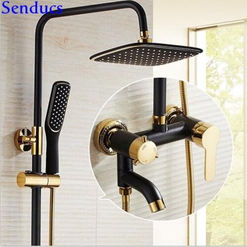Senducs Intelligent Black Gold Shower Set Newly Design Single Laver Brass Bathroom Shower Faucet Hot Sale Bathroom Shower Set