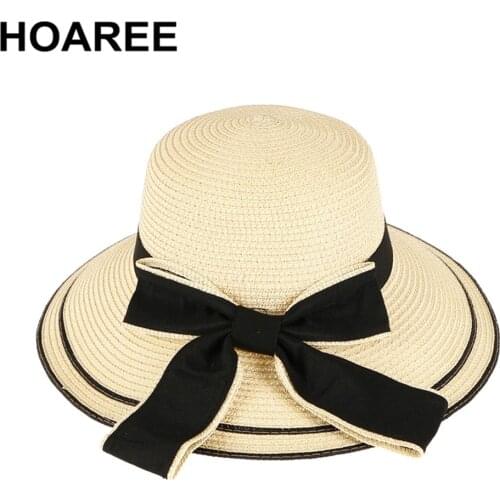 HOAREE Womens Summer Hats Beige Female Straw Hat Bowsnot Ladies Wide Brim Floppy Beach Uv Protection Womens Sun Hat