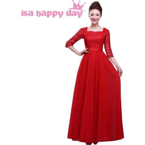 Modest formal plus size long gowns the bride lace evening dresses with sleeves women red dress sleeve for ladies H2727