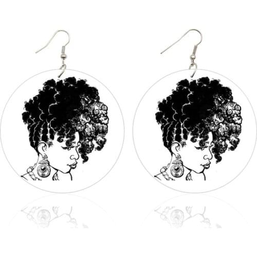 SOMESOOR Vintage African Curly Woman Portrait Wooden Drop Earrings Afro Natural Hair Design Double Sides Printing Jewelry 1Pair