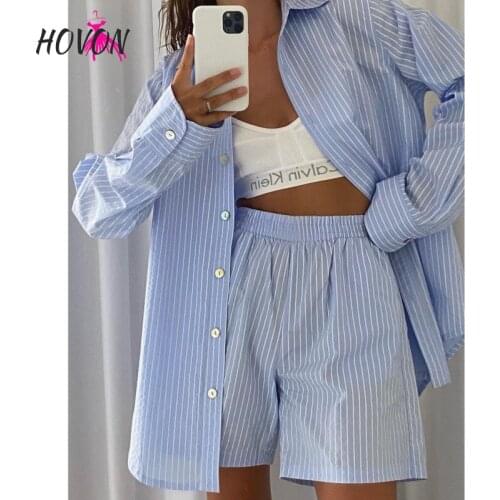 GINCCI LoungWear Tracksuit Casual Stripe Long Sleeve Blouse Shirts And Shorts Two Piece Women Pant Set Matching Sets Streetwear