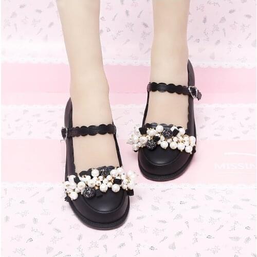 Lolita Low Heel Shoes New Pearl Ball Cute Student Shoes For Woman Japanese Girls Jk Womens Shoe Buckle Anime Kawaii Loli Shoes