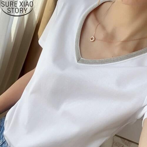 2021 Summer Cotton T-shirt Womens Korean Slim V-neck Short Sleeve White Black Tees Women Summer Tops Tshirt Bottomed Tops 14800
