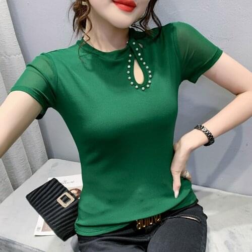 Solid Color Sexy Mesh Beading Woman Tshirt O-neck Ladies Tees 2021 New Summer Short Sleeve Hollow Tops All-match Bottoming Shirt