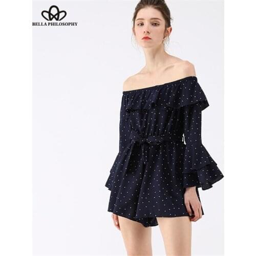 HStar Off shoulder ruffle dot jumpsuit romper women Flare sleeve sash summer jumpsuit Causul sweet chiffon playsuit