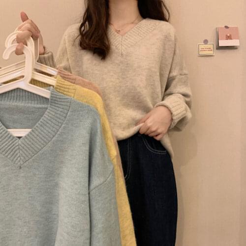 2021 Oversize womens Sweater spring autumn Knitted Sweater Women Pullover V-neck women Long Sleeve loose top Warm Sweatshirt
