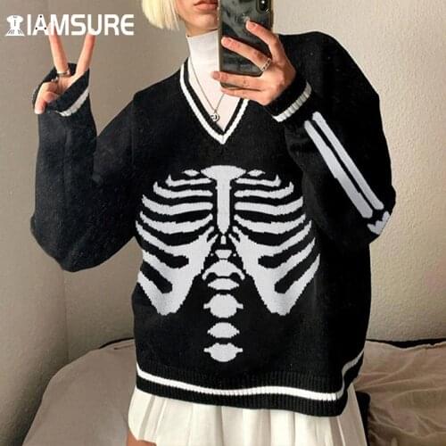 IAMSURE Cartoon Pattern Oversized Pullovers Loose Casual V-Neck Long Sleeve Knitted Sweater Women 2021 Autumn Winter Fashion
