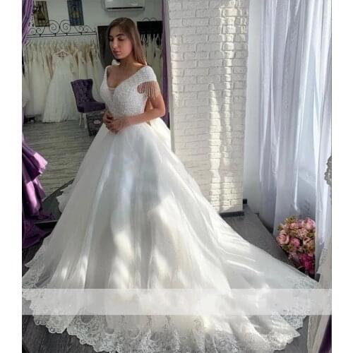 ANGELSBRIDEP V-Neck Ball Gown Wedding Dresses Vestido De Noiva Bohemian Sparkly Beads Sequins Floor-Length Princess Bride Dress
