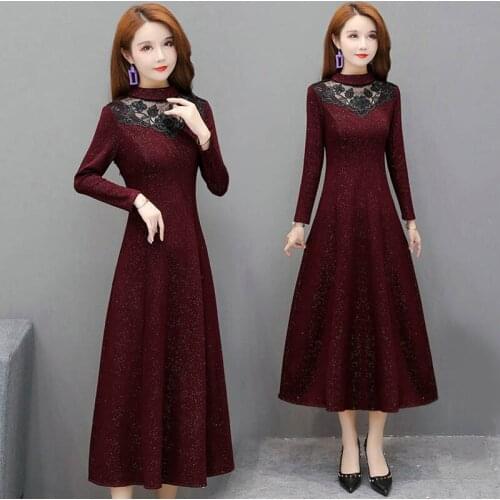 2021 Spring Autumn Middle-aged Female Vintage Dress Hollow Embroidered Lace Dresses Plus Size Women Clothing Vestidos Y550