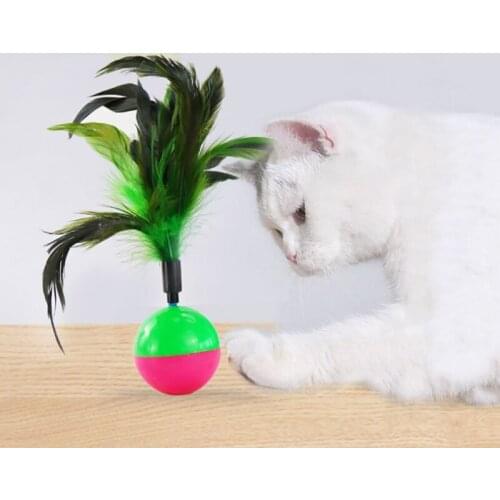 1pc Durable Pet Cat Toys Tumbler Kitten Cat Interactive Teaser Toys Plastic Play Balls With Feathers Cats Supplies Color RaV