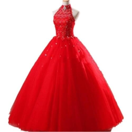 2015 Elegant Red Custom Made Quinceanera Dress Ball Gown High Neck Crystal Sweetheart Floor-Length Tulle Quinceanera Dresses