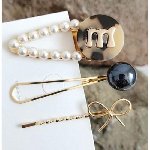 30set/lot 3pcs/set DIY Simple Multi Alloy M Letters Hair Clip Suits Pearl Hairpins Hair Styling Tool Accessories HA1082