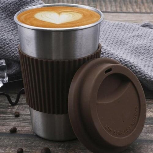 400ML Reusable Coffee Mug Stainless Steel Drinking Mug Tea Milk Mug Travel Drinking Mugs with Silicone Sleeve & Lid