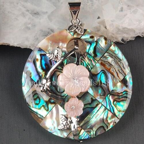Free Shipping Women Fashion Jewelry 50mm Beatiful New Zealand Ablone Shell Art Round Flower Pendant Bead 1pcs C3651
