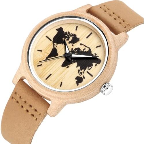 Simple Art Ink Maple World Map Pattern Dial Watch Womens Wood Watch Leather Band Casual Quartz Wooden Wristwatches Ladies Clock