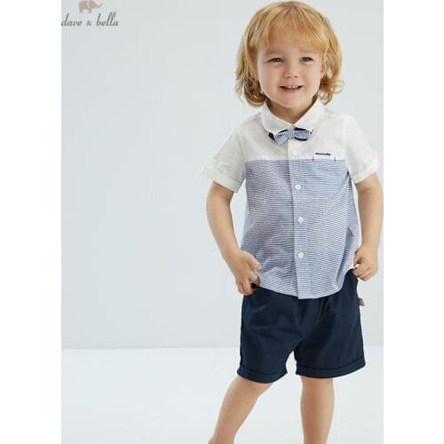 DB18094 dave bella baby boys summer casual bow striped clothing sets kids boy fashion short sleeve sets children 2 pcs suit