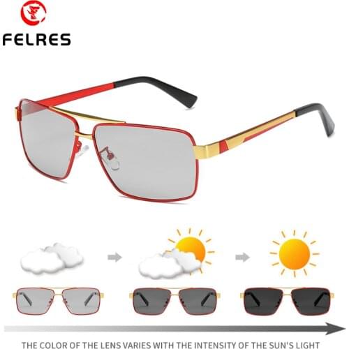 FELRES Metal Frame Photochromic Polarized Square Sunglasses For Men Outdoor Driving Fishing UV400 Glasses With Box 8505