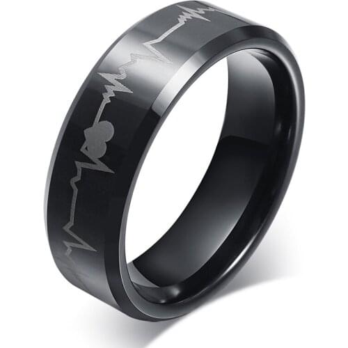 Cool black tungsten Love Ring Jewelry Couple Wedding Gift with Electrocardiogram Pattern Anniversary Souvenir Gift women men