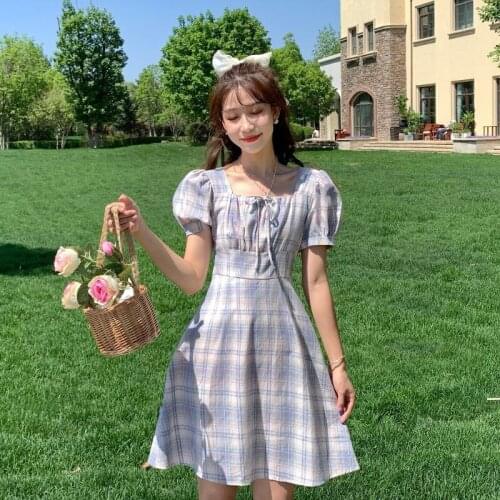 Summer Dresses French Style Square Collar Puff Sleeve Plaid Dress Women Short Sleeves High Waist Slim A-Line Girl Students Dress