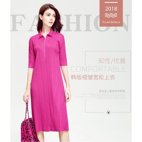 HOT SELLING Miyake fashion fold THE ZIPPRES TURN-DOWN COLLAR solid dress with half sleeve A-Line dress IN STOCK